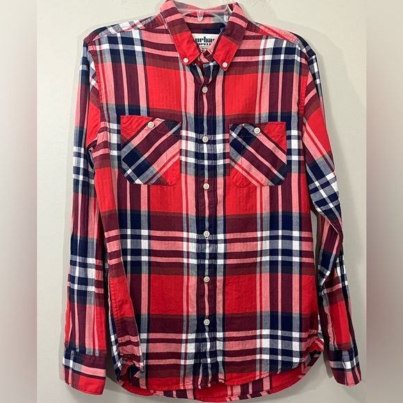 Urban Pipeline Mens Long Sleeve Button Down Red Plaid Shirt Cotton Casual Size S - Picture 1 of 7